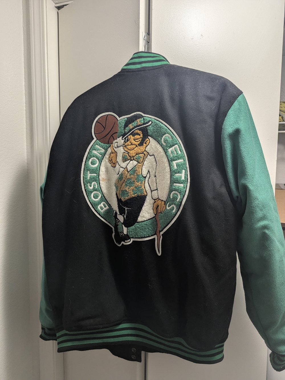 NBA Celtics Black and Teal Varsity Jacket with Embroidered Mascot Patch - Picture 7 of 7